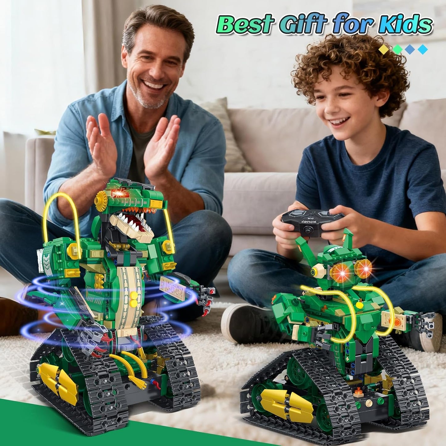 HiWEEGO RC Dinosaur Building Toy with Light, 5 in 1 Remote Controll Building Block Kit, 877 PCS Tech Rechargeable Dinosaur Robot Toys Easter Birthday for Kids Boys Age 8 9 10 11 12+