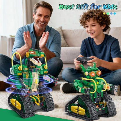 HiWEEGO RC Dinosaur Building Toy with Light, 5 in 1 Remote Controll Building Block Kit, 877 PCS Tech Rechargeable Dinosaur Robot Toys Easter Birthday for Kids Boys Age 8 9 10 11 12+