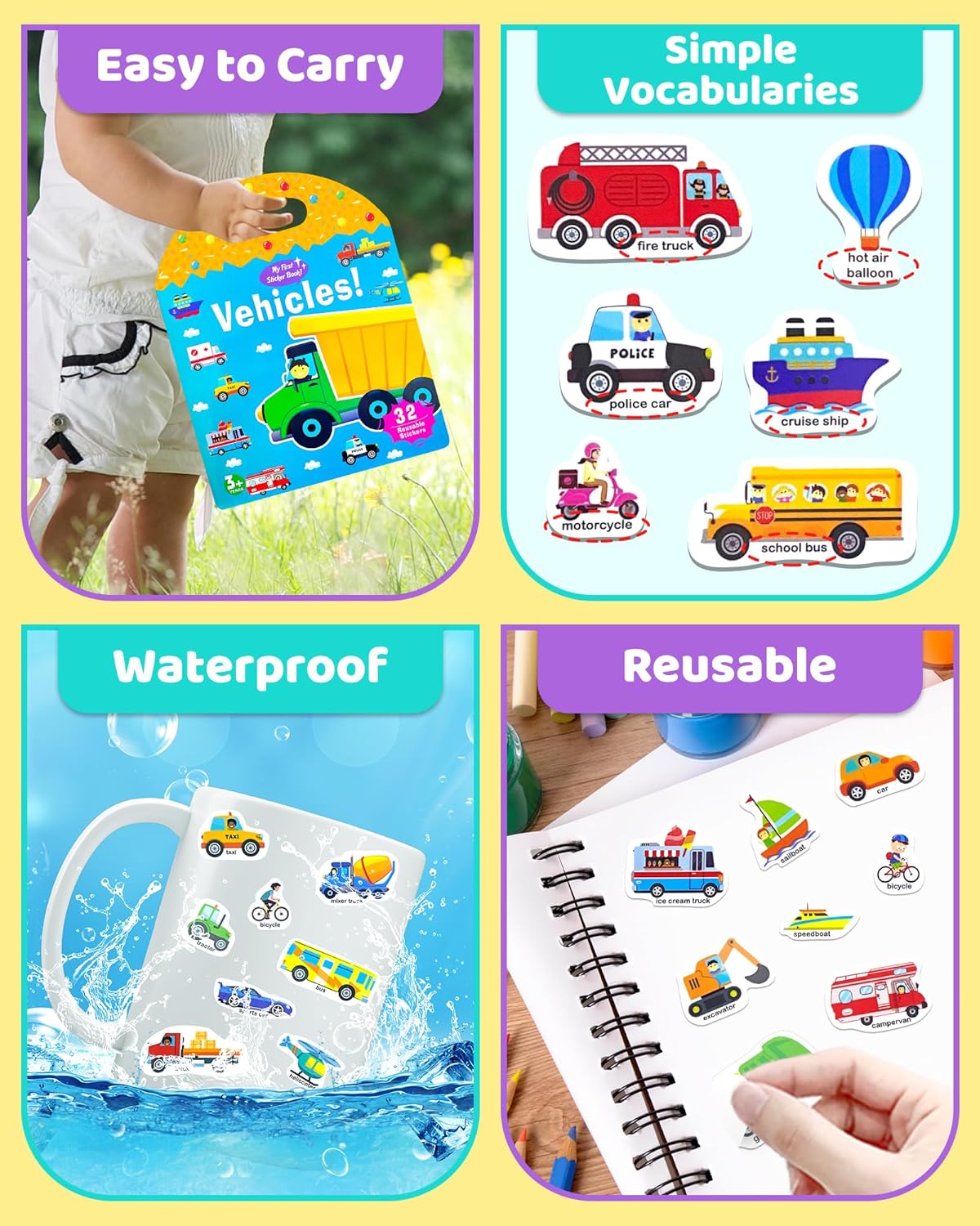 Benresive Reusable Sticker Books for Toddlers, Fun Travel Stickers for Kids, Toddler Sticker Book, Crafts Activities for Toddlers, 3 and Up Birthady Gifts - Vehicle