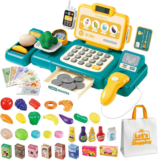 Cash Register Toy for Kids,Toddler Pretend Play Store with Real Calculator,Scanner,Play Food, Money & Credit Card,Supermarket Checkout Set, Math Skills Learning Toys,Birthday Gift for Boys Girls-Red