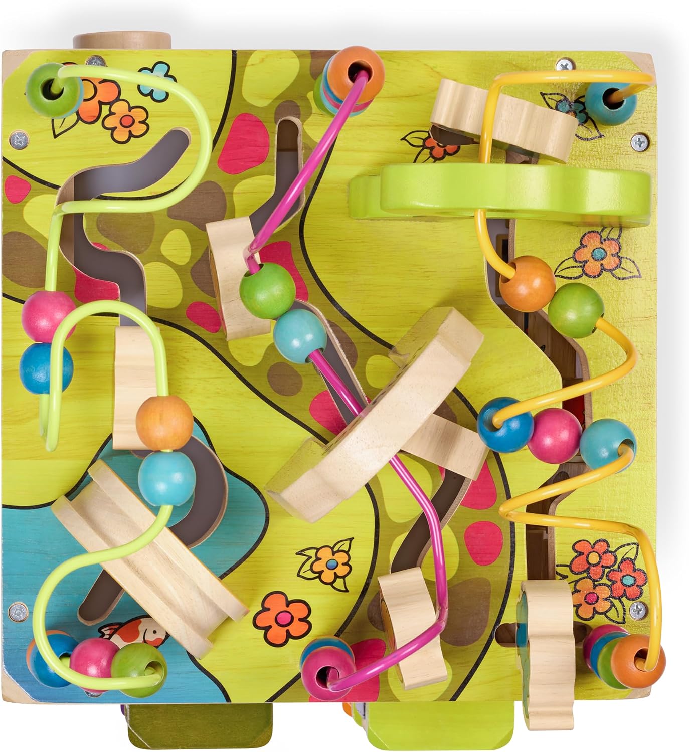 B. toys – Tabletop Activity Cube – Educational Storybook Included – Wooden Shape Sorter, Bead Maze, Animal Tiles – Top Flips for Compact Storage – 12+ Months – Lil' Learning Cube