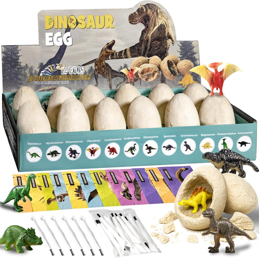 Dinosaur Eggs Excavation Kit for Dino Party Favors, Archaeology Digging Activities, Easter Basket Stocking Stuffers STEM Toy Gifts for Toddlers Age 3-12 (12 Unique Dinos)