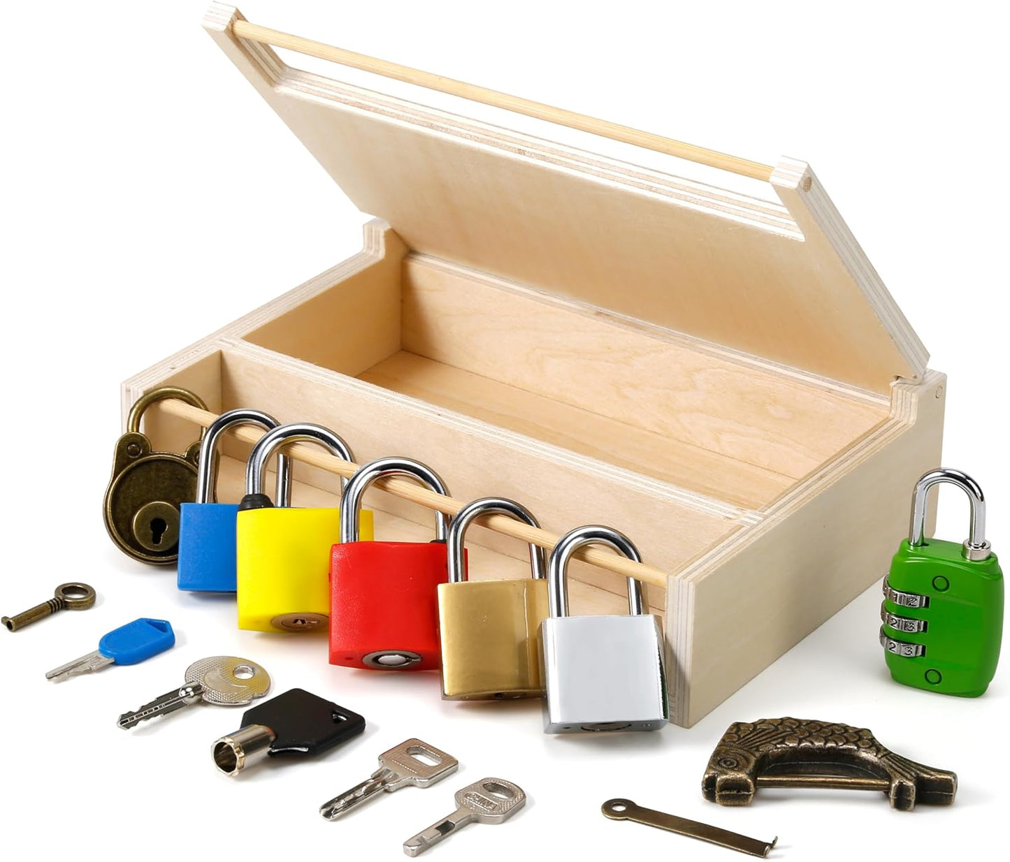 Woodtoe 8 PCS Montessori Lock and Key Toy, Montessori Toys for Toddlers 3 4 5 Year Old, Kids Tool Set, Montessori Materials Preschool Learning Toy, Fine Motor Skill, Educational Toys for Boy Girl 3-6