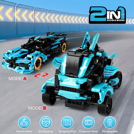 STEM Remote Control Car Building Kit Toys for Kids Age 8-12 with 2in1 STEM Robots Building Set Remote & APP Controlled Car/Robot, RC Car Toy Set for Boys Girls 466 Pcs (Dark Cyan)