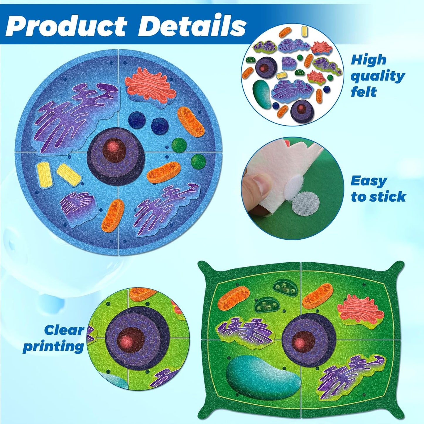 2 Set Giant Felt Animal and Plant Cell Anatomy Model Kits Early Biology Cell Model Life Science Toys Animal Plant Bacteria Science Kit for Boys Girls Classroom Educational Learning