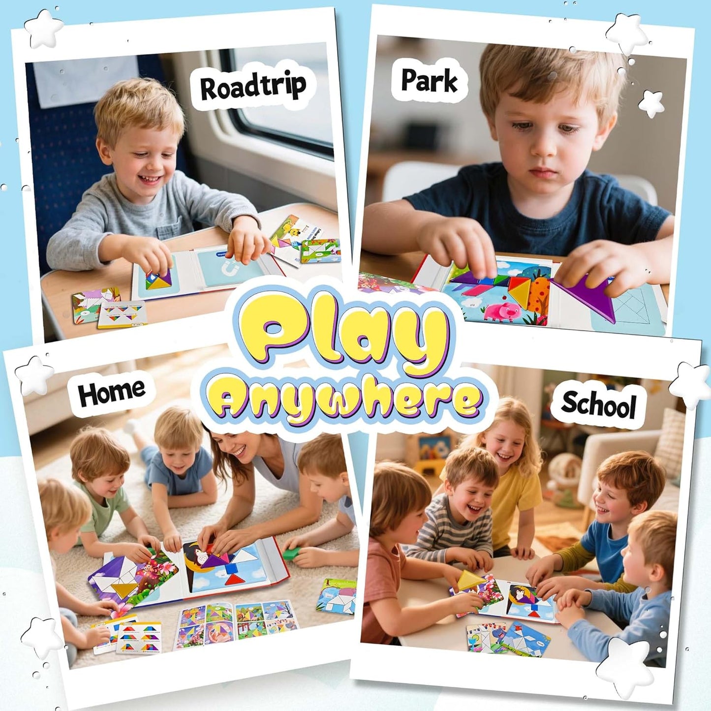 Tangram Magnetic Pattern Board with 30 Theme Pages & 368 Solutions Patterns Booklet, Magnet Games for Kids Ages 4-8 with Portable Box, Tangram Magnetic Pattern Board, Magnet Games for Kids Ages 4-8
