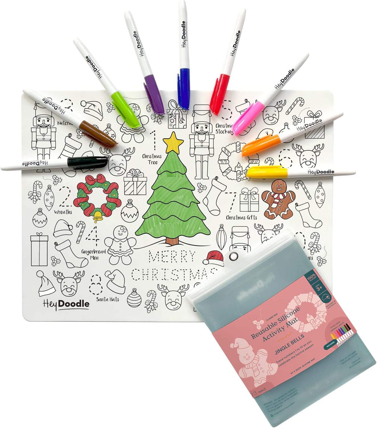 HeyDoodle Into The Wild Classic Doodle Mat – Reusable Silicone Alphabet Coloring Mat for Toddlers and Kids – Educational Animal Activity Pad with 9 Markers – Mess-Free Travel Toy – Ages 3-7
