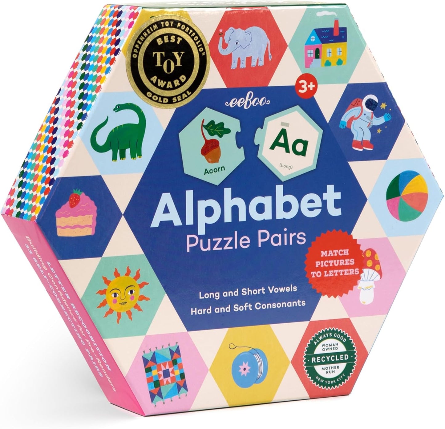eeBoo Hexagon Puzzle Pairs - Rhyming Words, 33 Self-Correcting Pairs, Match Sounds to Images, Pre-Reading Activity for Preschool Kids Ages 3 and up