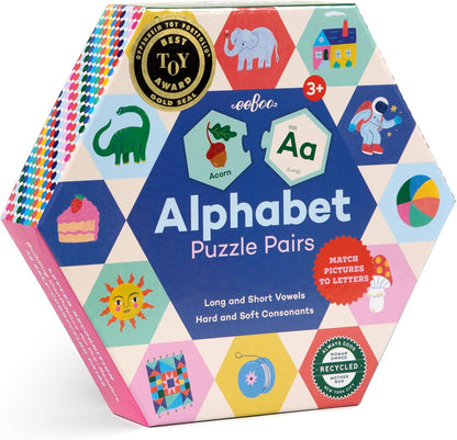 eeBoo Hexagon Puzzle Pairs - Rhyming Words, 33 Self-Correcting Pairs, Match Sounds to Images, Pre-Reading Activity for Preschool Kids Ages 3 and up