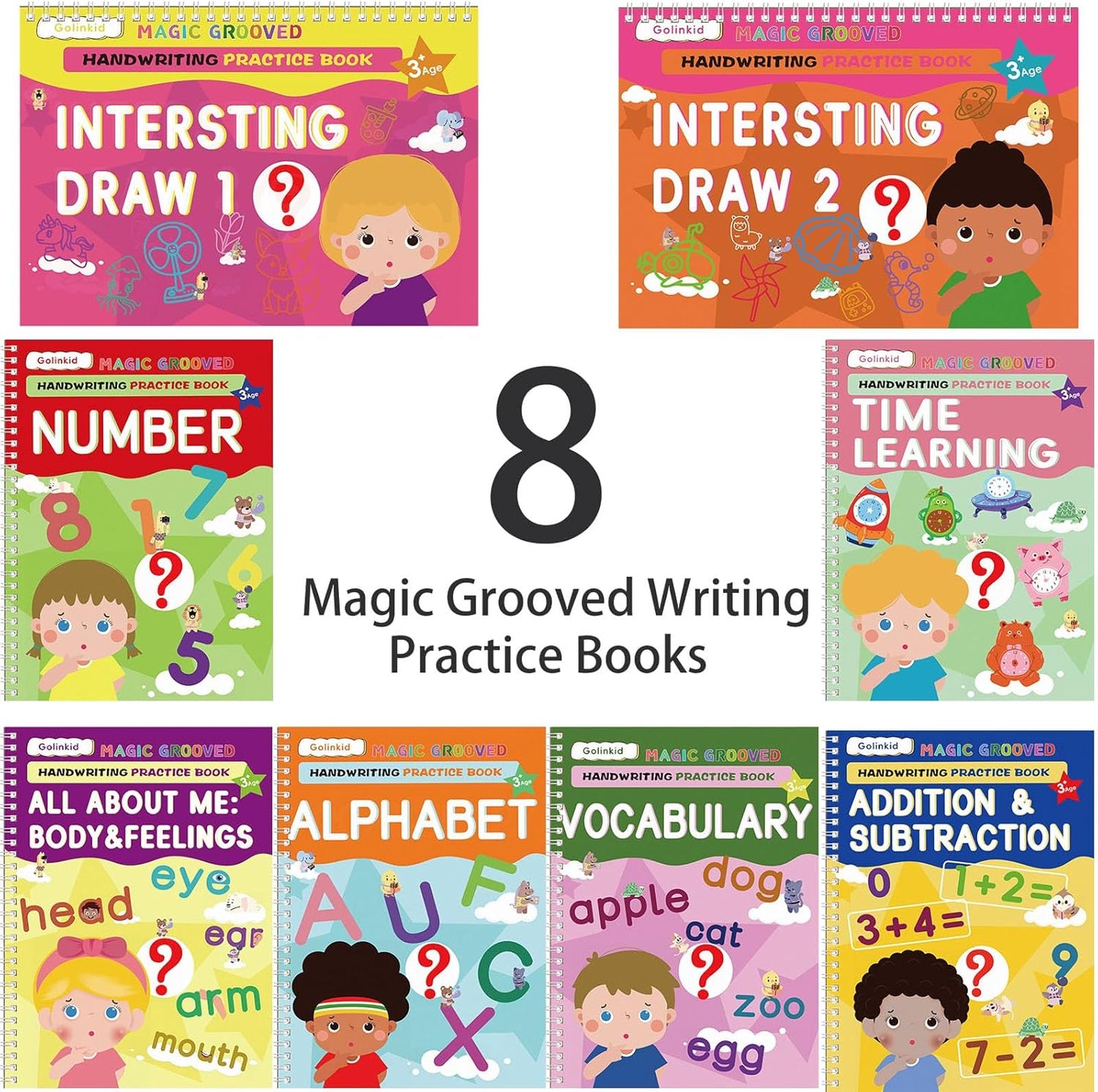 Golinkid Magic Grooved Writing Practice, grooved Handwriting Practice for Kids 8 Books, Preschool workbook for Ages 3-10 with 6 Magic pens 10 Ink Refills, 3 Pencil Grips for Kids Handwriting