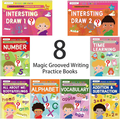 Golinkid Magic Grooved Writing Practice, grooved Handwriting Practice for Kids 8 Books, Preschool workbook for Ages 3-10 with 6 Magic pens 10 Ink Refills, 3 Pencil Grips for Kids Handwriting