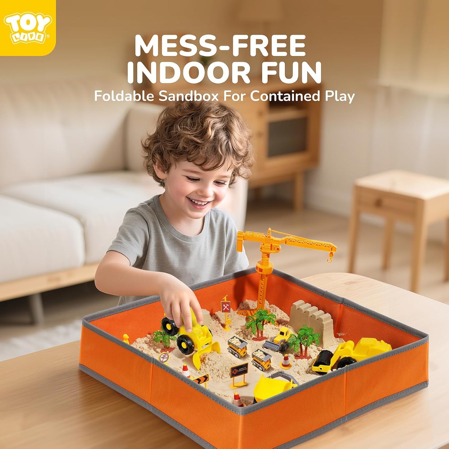 TOY Life 38 Pcs Sand Construction Kit with Big Foldable Sandbox with 2.2Ibs Magic Sand, Trucks, Castle Molds & Beach-Side Mat – Indoor Sandbox Toy Construction Sensory Bins for Toddlers