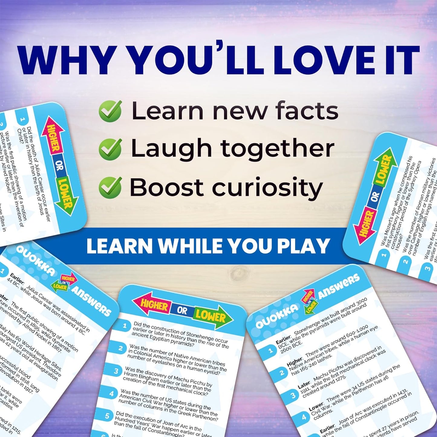QUOKKA Trivia Board Games for Kids and Adults – Family Board Games for Family Game Night – Higher or Lower Trivia Cards for Kids 8-12 – Guess Fun Questions – Educational Card Game for Families&Teens