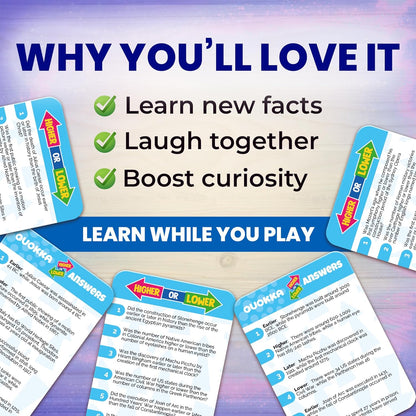 QUOKKA Trivia Board Games for Kids and Adults – Family Board Games for Family Game Night – Higher or Lower Trivia Cards for Kids 8-12 – Guess Fun Questions – Educational Card Game for Families&Teens