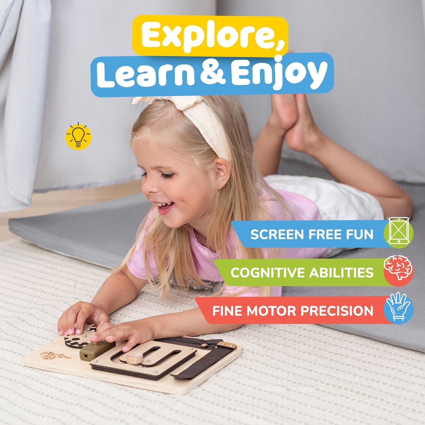 deMoca Toddler Busy Board for 1 Year Old, Travel Baby Wooden Montessori Busy Board for Toddlers 1–3, Switch and Fidget Activities for Early Motor Skills and Travel Play