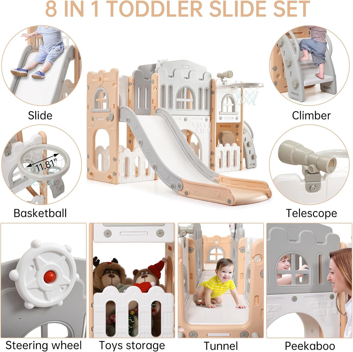 Garvee Toddler Slide 8 in 1 Toddler Playset for Toddlers Age 1-3, Baby Playset for Indoor Outdoor Playground with Climber, Crawling Tunnel, Basketball Hoop, Telescope, Toy Storage