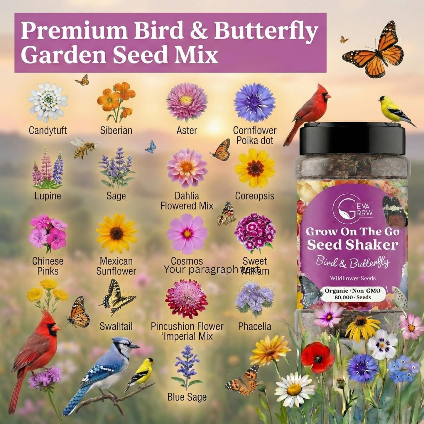 Mini Wildflower Seed Shaker - Save The Bees Seed Mix, by GevaGrow | 80,000+ Seeds | Pollinator & Bee Attracting Flower Seeds Bulk for Planting in Pots & Outdoor Gardens | 2 Ounce