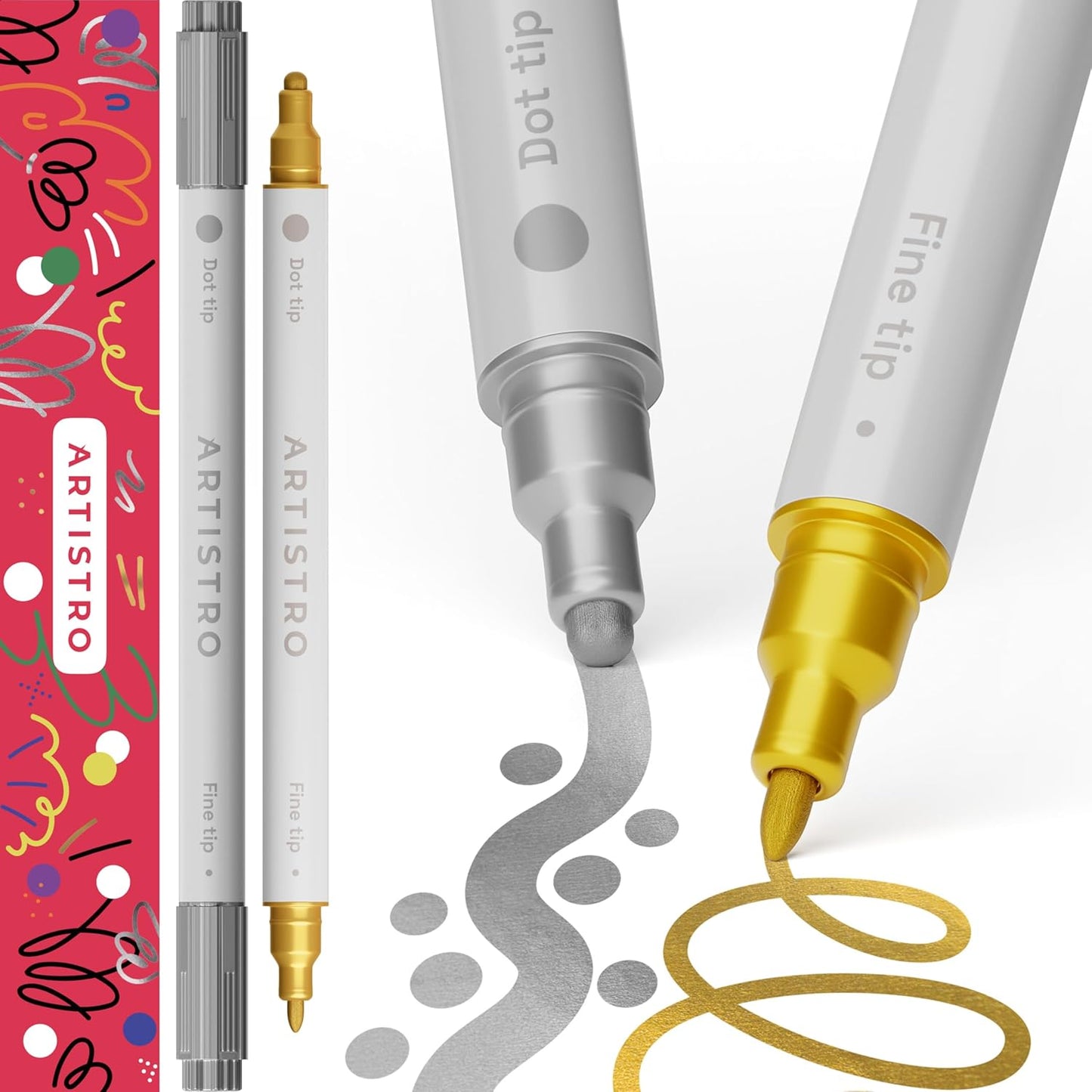 ARTISTRO 2 Gold & Silver Dual-Tip Acrylic Paint Pens - Multisurface Markers for Glass, Rock, Fabric, Wood, Plastic & More - 5mm Dot + 1mm Fine Tips