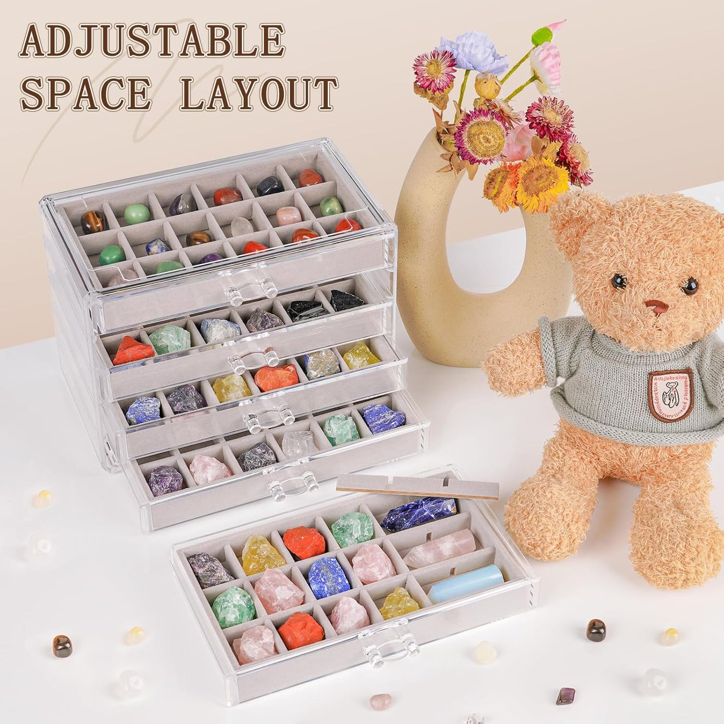 Bfttlity Acrylic Rock Display Case,54 Grids Rock Collection Box for Kids with Mini Magnifying Glass and Gloves, Clear Display Cases for Stones Collectibles Gemstone Crystals Storage Boxes