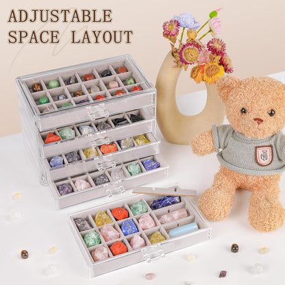 Bfttlity Acrylic Rock Display Case,54 Grids Rock Collection Box for Kids with Mini Magnifying Glass and Gloves, Clear Display Cases for Stones Collectibles Gemstone Crystals Storage Boxes