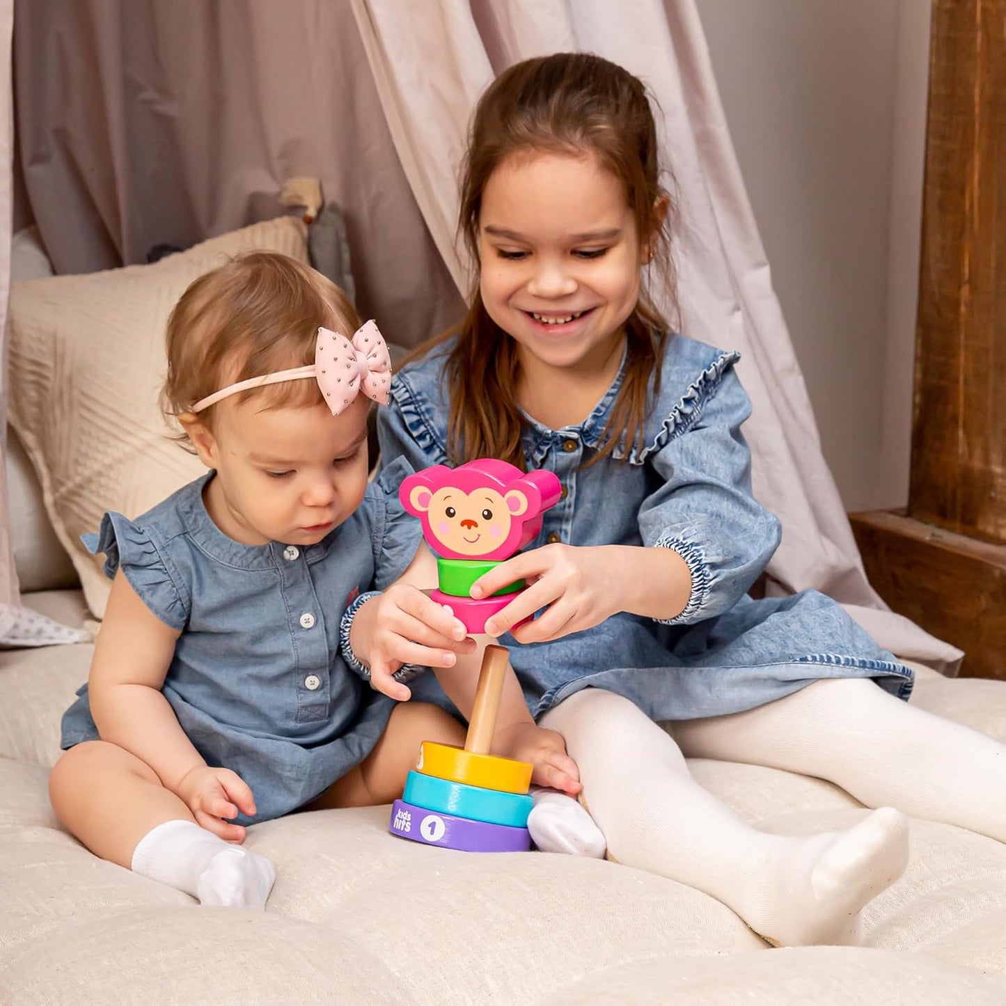 Kids Hits Stack and Play Monkey – Wooden Stacking Ring Toy with Numbers, Shapes & Colors – Montessori Learning Toy for Toddlers Ages 1+
