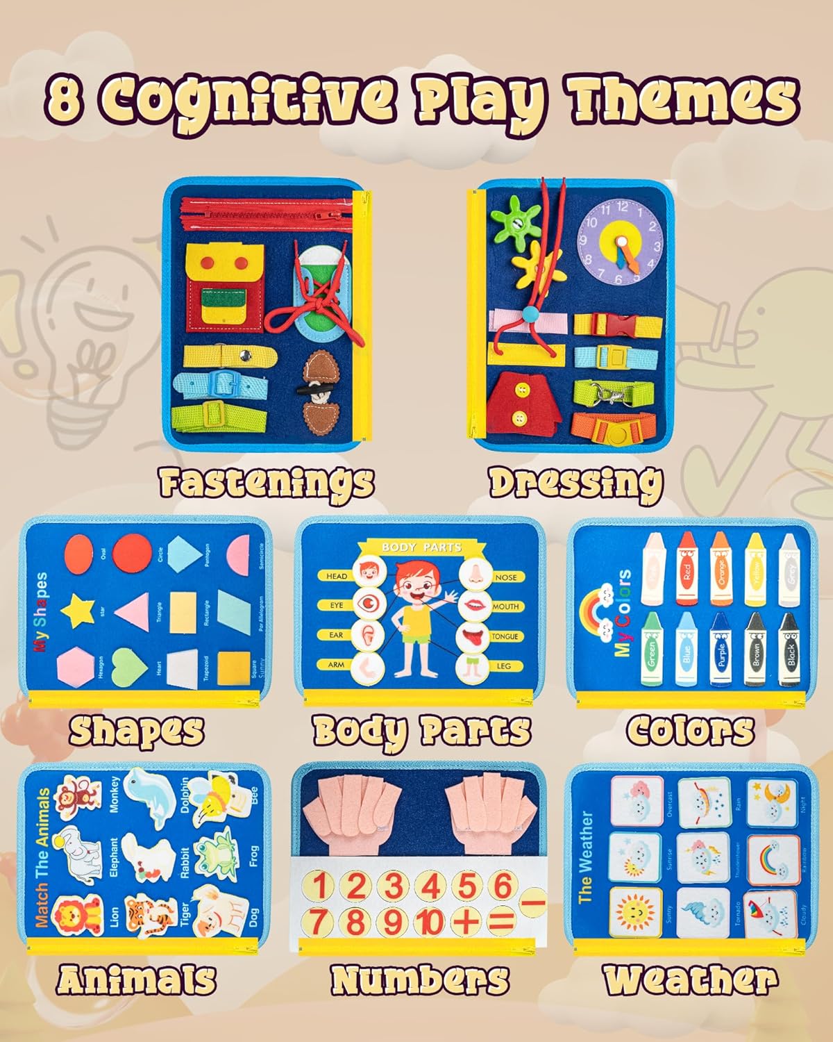 Montessori Busy Book for Toddlers, 8-Page Sensory Activity Book for Fine Motor Skills & Basic Dress Learning, Portable Travel Toy for Preschool Kids, Birthday Gift for Boys and Girls (Blue)