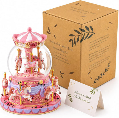 Blue Carousel Snow Globe Music Box with LED Lights, Rotating Horse Merry Go Round with Glitter Snowfall, Wind Up Musical Snow Globe Plays Over the Rainbow, Gift for Daughter Granddaughter Women
