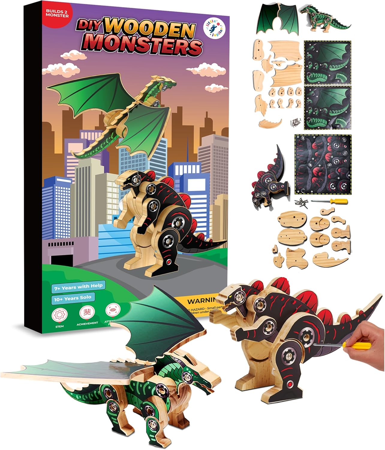 Little Jupiter DIY Wooden Kit with Stickers - Dinosaur Toys for Kids for 7-12 Yrs - Dinosaur Toy Woodworking Kits - Wood Crafts - Kids Building Kit - Wooden Crafts (Stegosaurus)