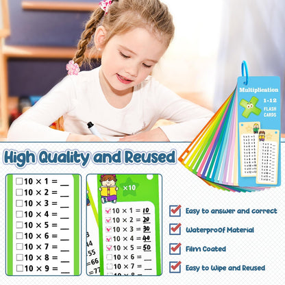 1-12 Multiplication Flash Cards, Large Math Table Flashcards, Including 15 Cards, 2 Dry Erase Markers, 1 Rings, Educational Times Table Flashcards for Classroom Home, for 1st to 3rd Grades
