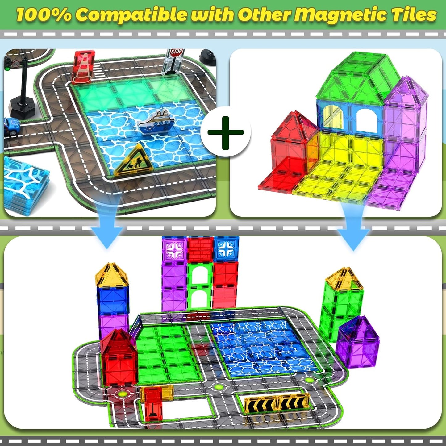 Magnetic Tiles,121PCS Magnet Tiles Road Set with Pullback Cars for 3+ year old Boys,Magnetic Toys for Kids Ages 4-8 with Ship,Airplane,Traffic Sign,STEM Classroom Educational Birthday Gifts Toys