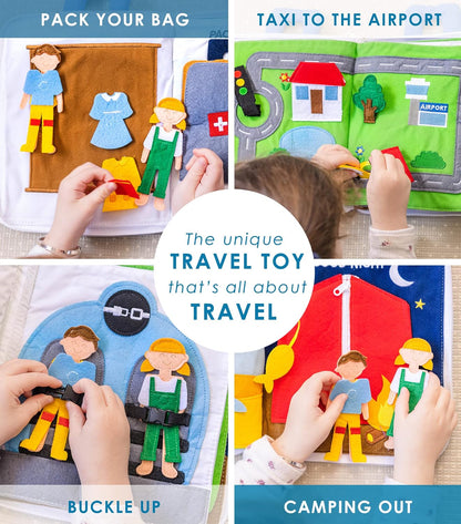 Curious Columbus Quiet Book Fabric Busy Book - Airplane Travel Toys for Kids - Montessori Toy Preschool Activity Books - Fun and Educational Fabric Book