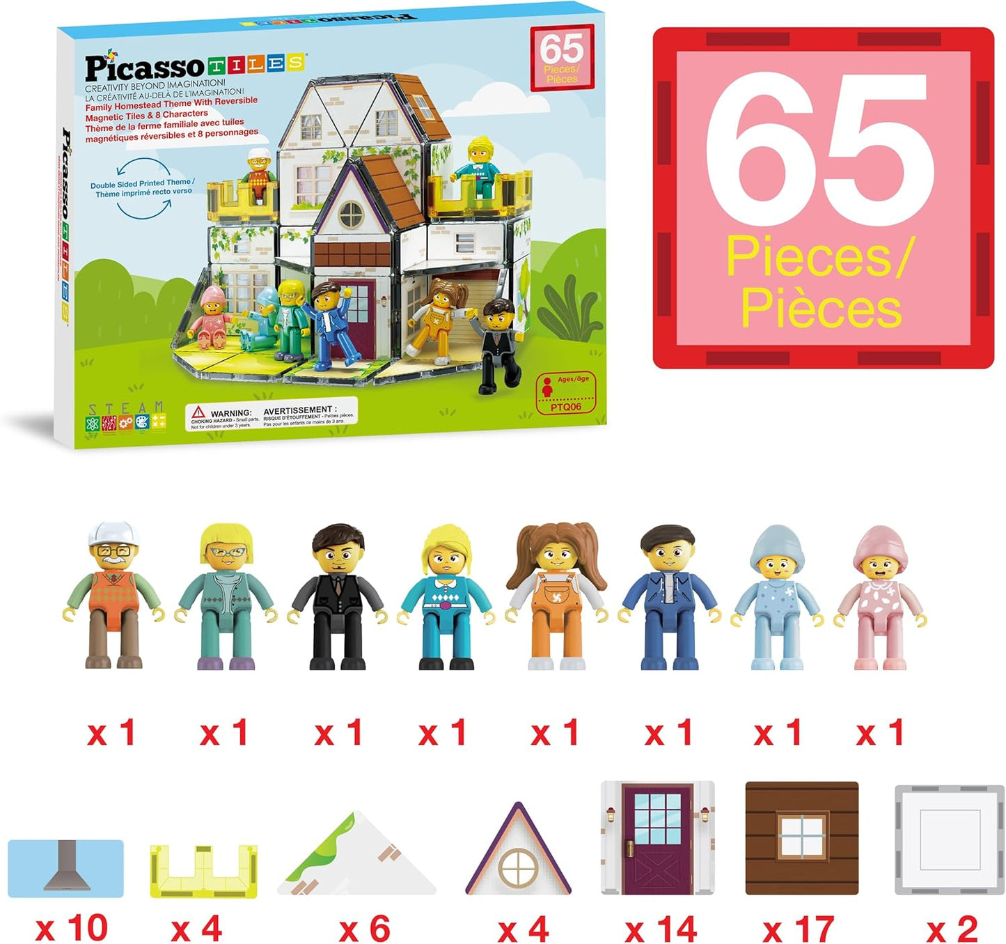 PicassoTiles 60pc Magnetic Tile Princess Castle Building Set with Double Sided Printed Tiles 2 Character Figures STEM Educational Toy Kit for Kids Pretend Play Montessori Learning Ages 3 to 8 PTQ04