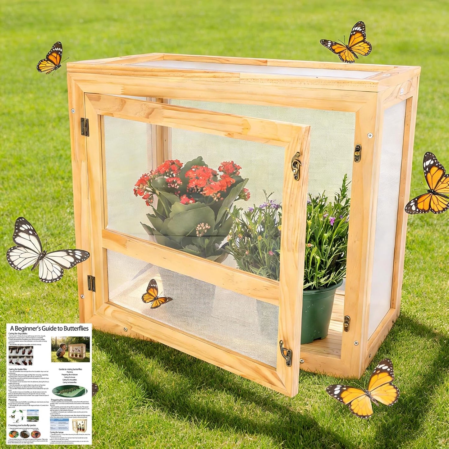 Yohsnor Butterfly Habitat - 20x18 Inch Wooden Monarch Enclosure for Caterpillar Growth & Hatching - Durable Outdoor Insect Observation Station with Safe Professional Mesh - Educational Butterfly Kit