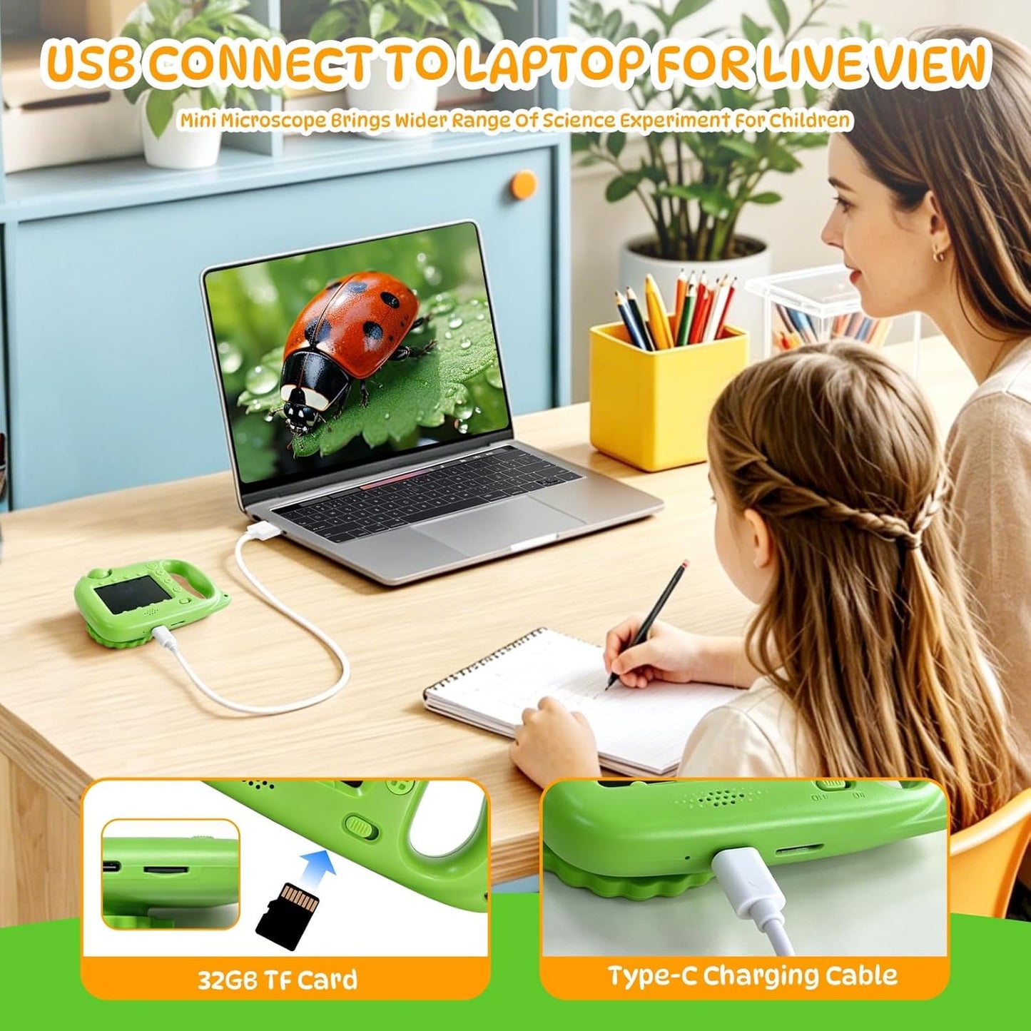2 in 1 Kids Microscope & Camera, 1080p Hd Autofocus Digital Microscope, 48mp 1000x Magnification Handheld, Stem Educational Toy with 32gb Sd Card, Birthday for 3-12 Boys Girls (Yellow)