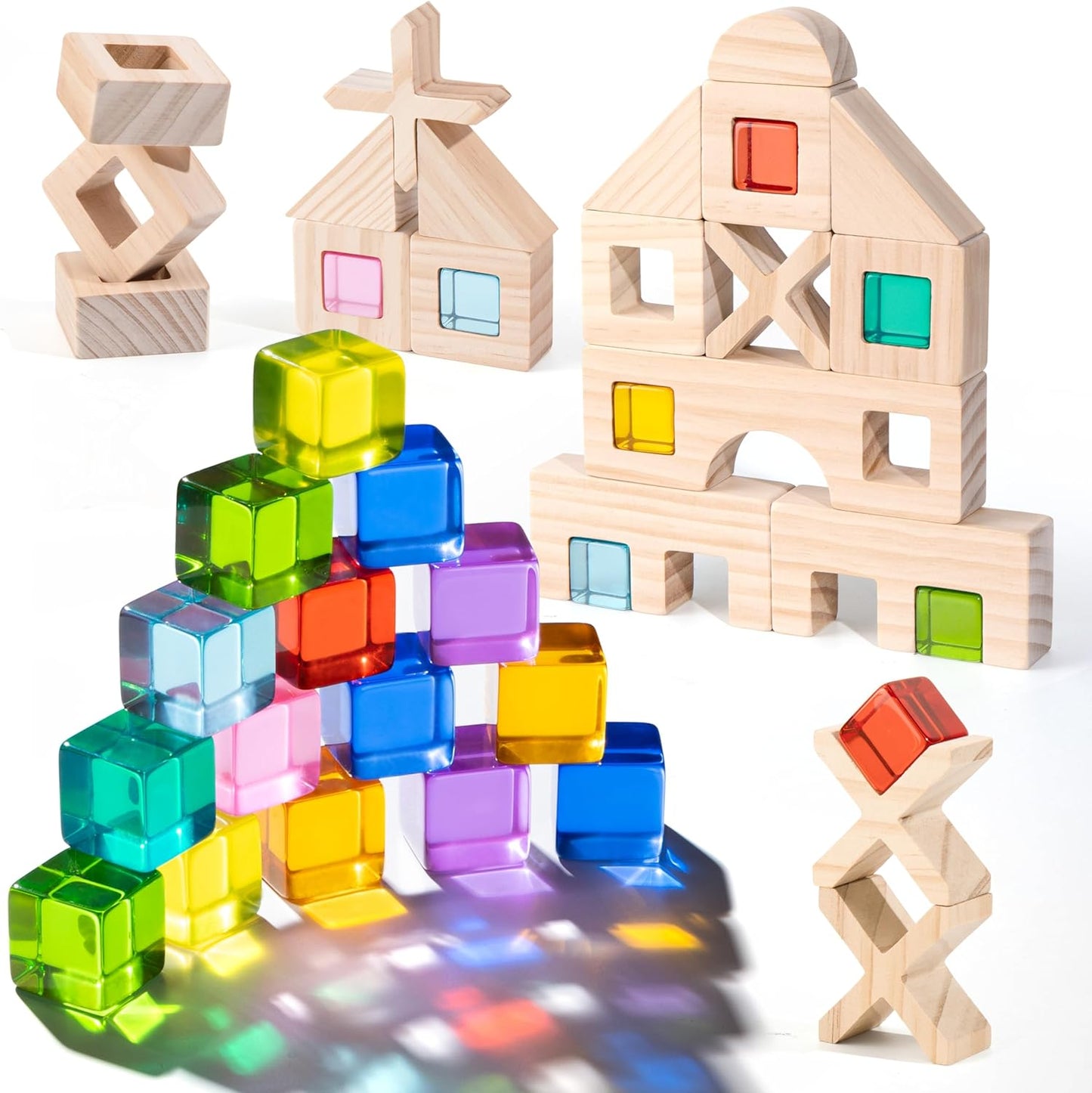 Woodtoe Wooden Building Blocks Set for Kids, 36 PCS Rainbow Acrylic Gem Blocks - 3 Wood House, Montessori Stacking Toy for Toddlers, Educational STEM Birthday Creative Toy Gift for Boys Girls 3-6