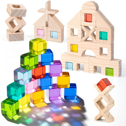 Woodtoe Wooden Building Blocks Set for Kids, 36 PCS Rainbow Acrylic Gem Blocks - 3 Wood House, Montessori Stacking Toy for Toddlers, Educational STEM Birthday Creative Toy Gift for Boys Girls 3-6
