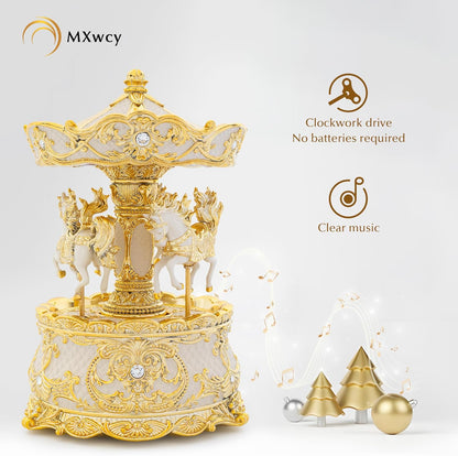 Carousel Music Box Gold & Ivory Christmas Snow Globes, 8.3" Rotate Carousel Snow Globe for Kids & Adults, Classic Wind up Musical Snow Globe Birthday Gifts for Women Girls, Carousel Horse Home Decor