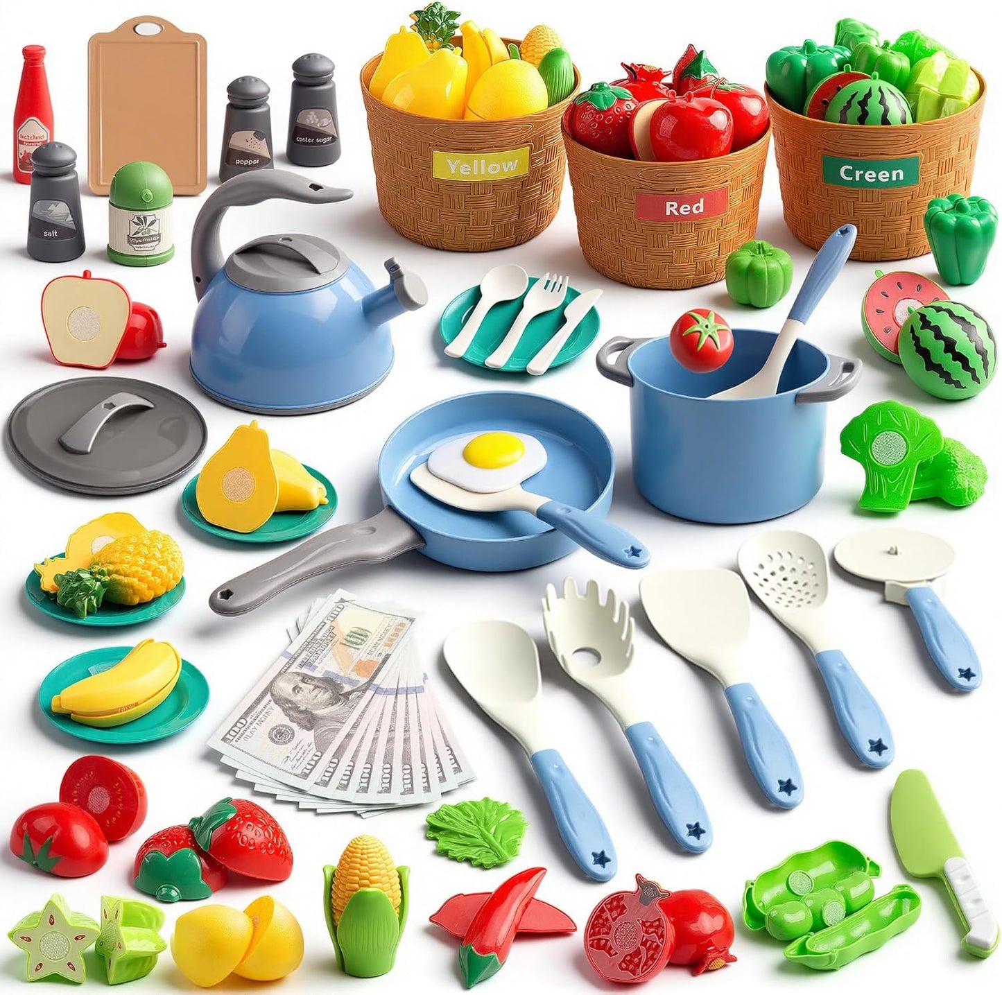 150Pcs Kitchen Playset, Toddlers Pretend Cooking Cookware Accessories, Food, Picnic Blanket, Fruits, Veges, 2Pack Shopping Storage Basket, Dessert and Prop Money, Gift for Kids (Pink)