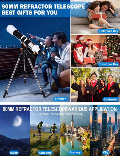 Telescope for Adults High Powered 90mm Aperture 800mm (32X-240X), Refractor Telescopes for Astronomy Beginners with AZ Mount Tripod, Phone Adapter, Carry Bag (80090white)