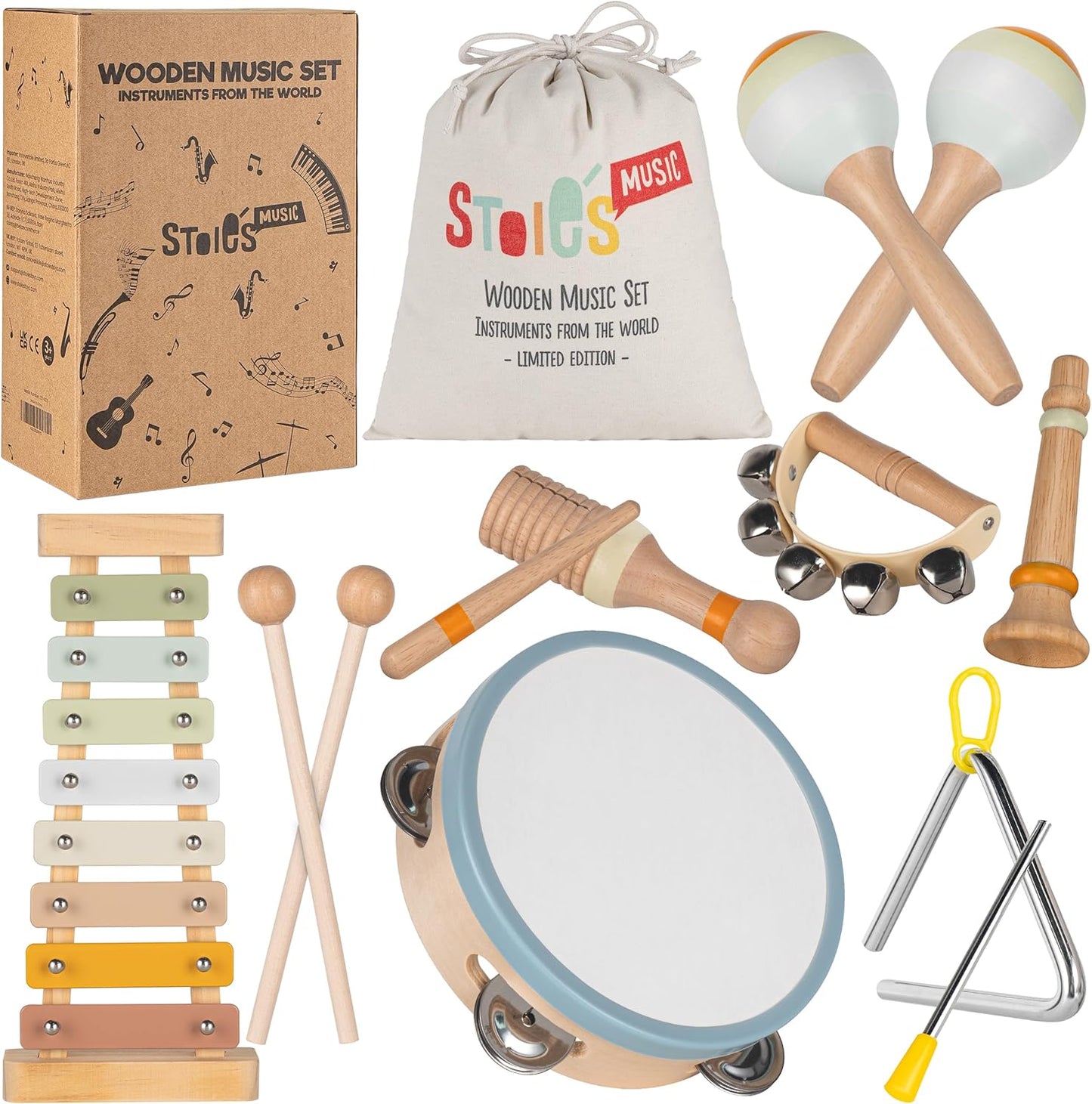 Stoie's Wooden Toddler Musical Instruments with Drum, Hand Bells, Flute, Maracas, Castanet, Tamburine, for Babies and Kids, Eco Friendly Montessori Educational Toy