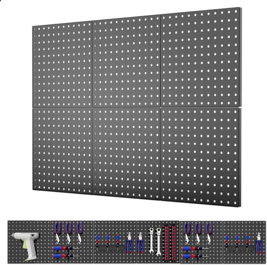 ValueMax 6 Pack Metal Pegboard Panels, 12”x 12” Heavy Duty Metal Pegboard Wall Organizer for Home, Garage, Workbench, Kitchen, Craft Room Tool Storage, Black Modular Peg Board Organizer Board