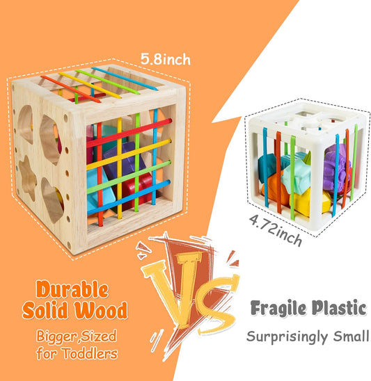 HELLOWOOD Montessori Toys for 1+ Year Old, Wooden Sorter Cube with 8pcs Rattling Shapes, Developmental Learning Toy Gifts for Baby Toddler Boys Girls, Gift Packaging