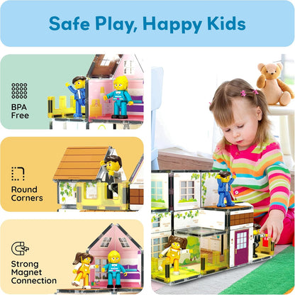 PicassoTiles 60pc Magnetic Tile Princess Castle Building Set with Double Sided Printed Tiles 2 Character Figures STEM Educational Toy Kit for Kids Pretend Play Montessori Learning Ages 3 to 8 PTQ04