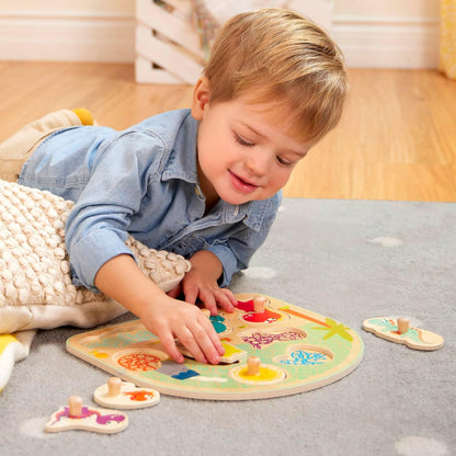 B. toys – 4 Wooden Peg Puzzles – Dinosaurs, Sea Animals, Vehicles, Farm – Puzzles for Toddlers, Kids – 18+ Months