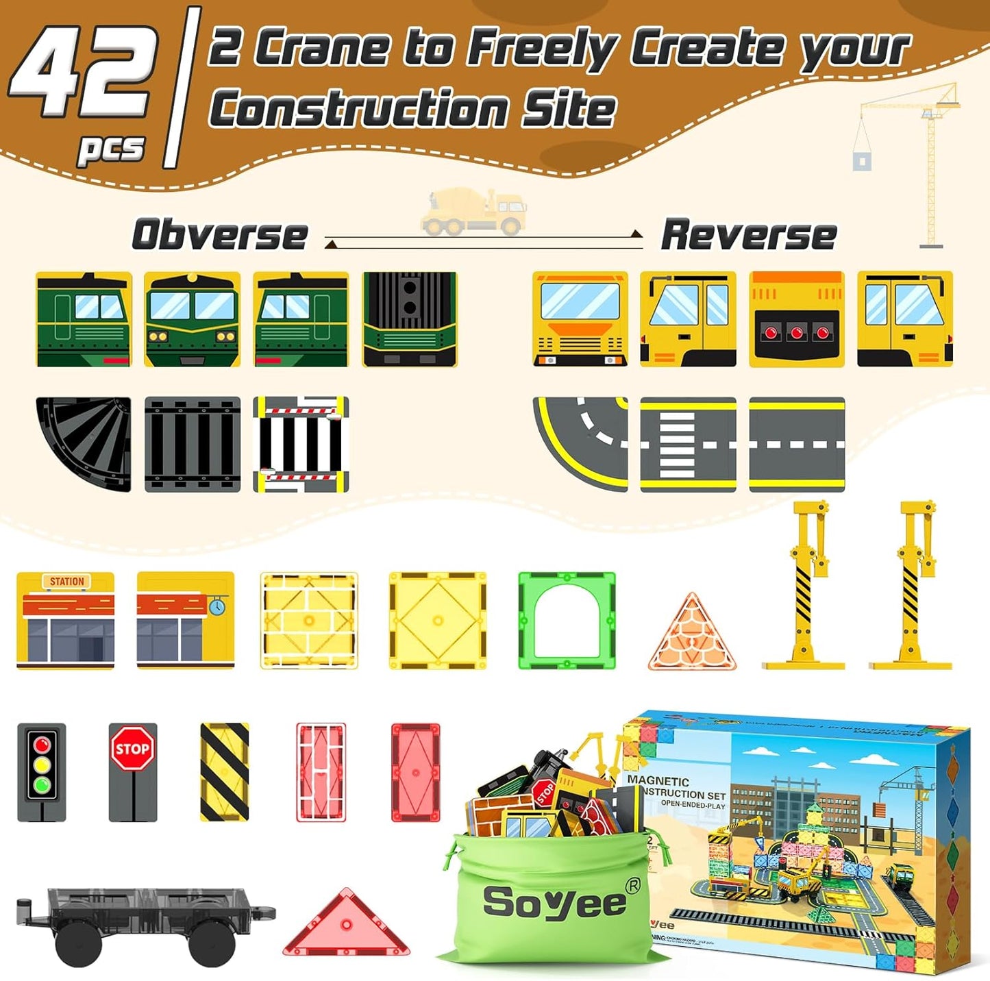 Soyee Magnetic Tiles Magnetic Construction Toys with 2 Cranes Boys Toys for Ages 3-5 5-7 Magnet Building Blocks Chritmas Gifts Boys Sensory Autism Montessori Toys Gift for 3+ Year Old