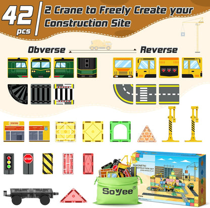 Soyee Magnetic Tiles Magnetic Construction Toys with 2 Cranes Boys Toys for Ages 3-5 5-7 Magnet Building Blocks Chritmas Gifts Boys Sensory Autism Montessori Toys Gift for 3+ Year Old