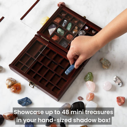 Small Portable Rock Display Case Hand-Sized, 48-Slotted Shadow Box for Gemstones or Beads Bamboo-Wood Collection Case with Plexiglass for Kids