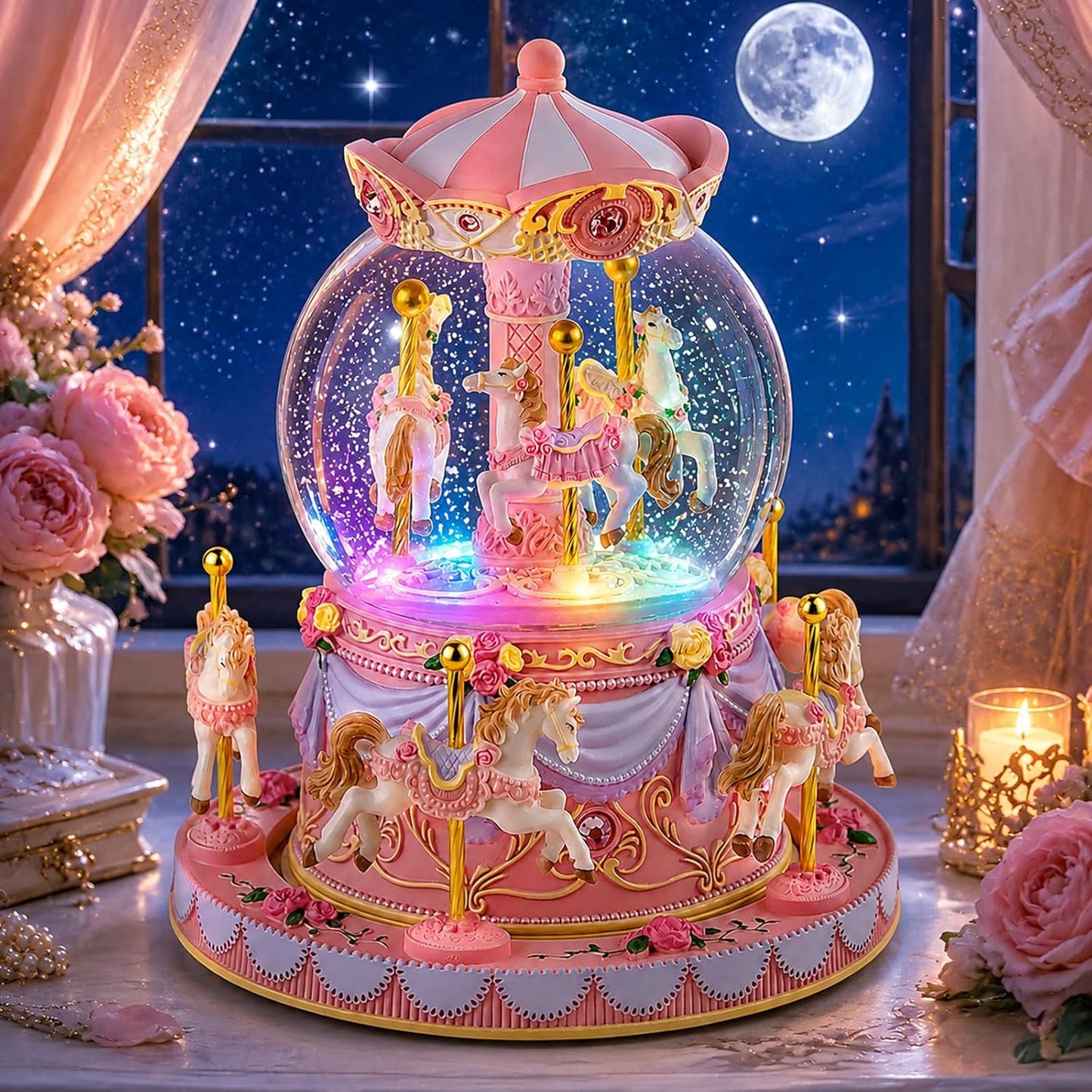 Blue Carousel Snow Globe Music Box with LED Lights, Rotating Horse Merry Go Round with Glitter Snowfall, Wind Up Musical Snow Globe Plays Over the Rainbow, Gift for Daughter Granddaughter Women