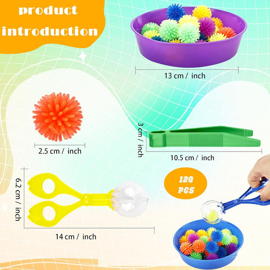 141 Pieces Fine Motor Toy Counting Sorting Sensory Bin Filler Include 6 Colorful Sorting Cup 10 Tweezers 5 Bear Ball Clip 120 Hedge Balls for Kid Early Skill Education