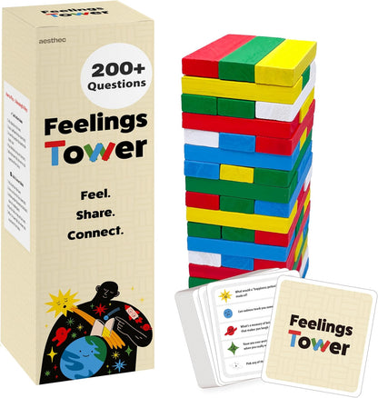 Feelings Tower Therapy Game for Kids & Teens – Emotion Regulation Stacking Blocks with Conversation Cards, 208 CBT Questions for Therapeutic Learning, Educational Play, Connection and Social Skills